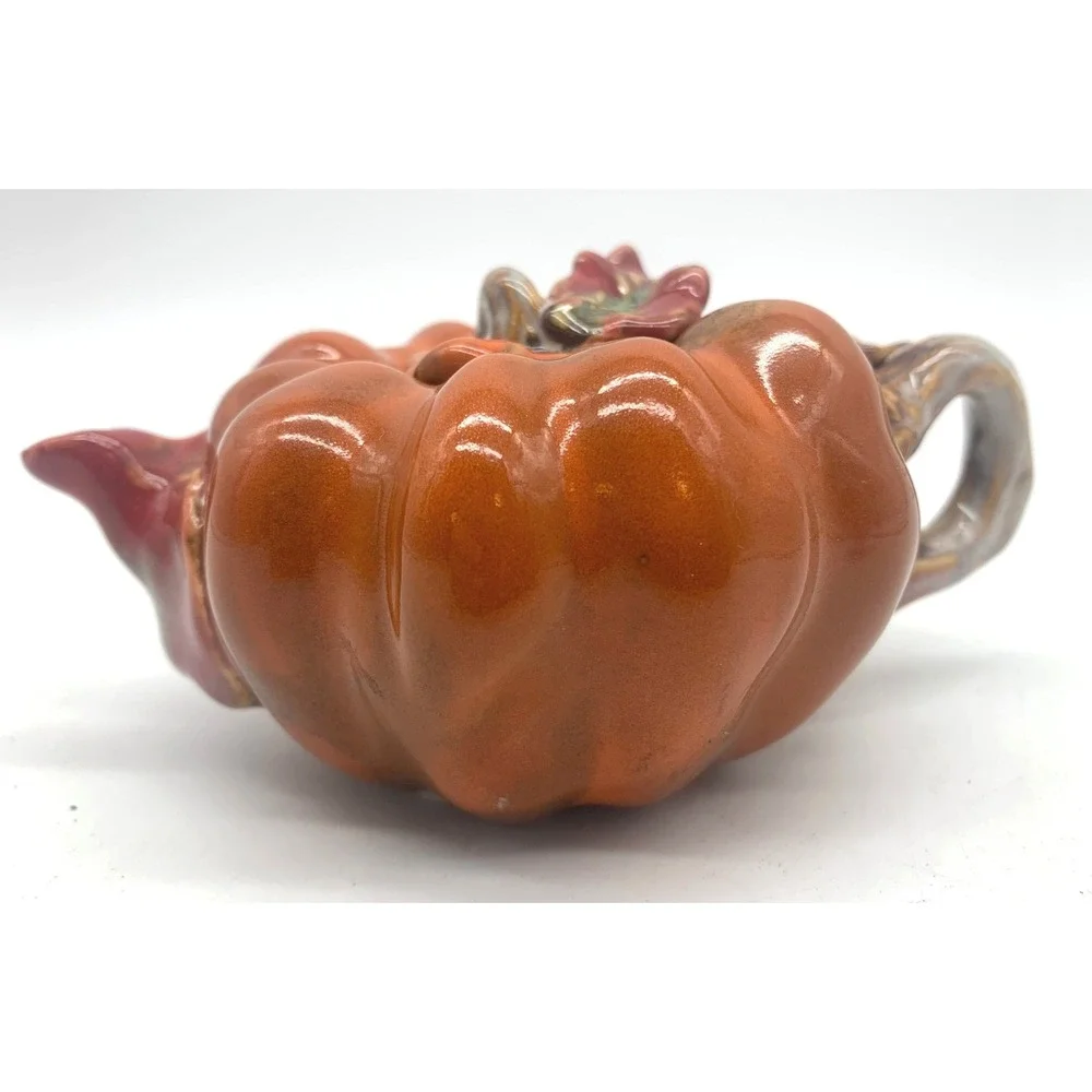 Vintage Pumpkin Teapot Orange Ceramic Fall Harvest Decorative Leaf Lid Small